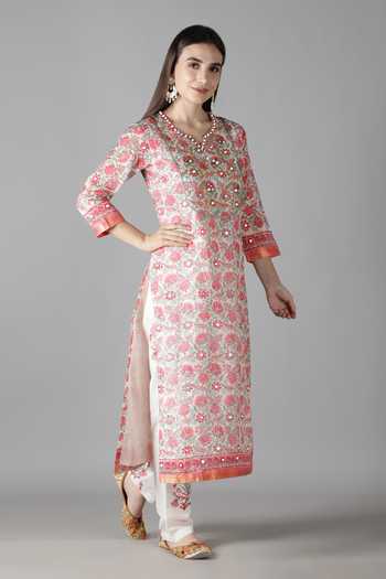 Shop_Sheeshakari_White Silk Mirrors, Embroidery Split V-neck And Aari Kurta Pant Set _Online_at_Aza_Fashions