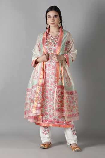Buy_Sheeshakari_White Silk Mirrors, Embroidery Split V-neck And Aari Kurta Pant Set 