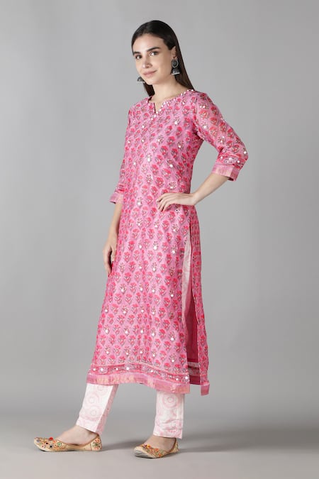 Buy Sheeshakari Pink Silk Mirrors, Embroidery Split V-neck Kurta Pant Set Online at Aza Fashions Buy_Sheeshakari_Pink Silk Mirrors, Embroidery Split V-neck Kurta Pant Set _Online_at_Aza_Fashions