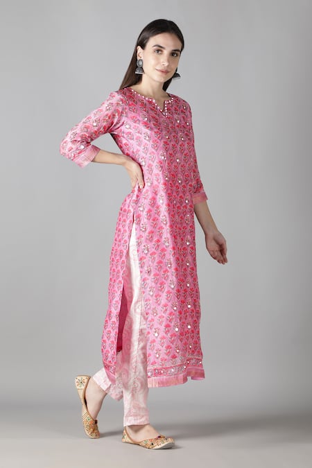 Shop Sheeshakari Pink Silk Mirrors, Embroidery Split V-neck Kurta Pant Set Online at Aza Fashions Shop_Sheeshakari_Pink Silk Mirrors, Embroidery Split V-neck Kurta Pant Set _Online_at_Aza_Fashions