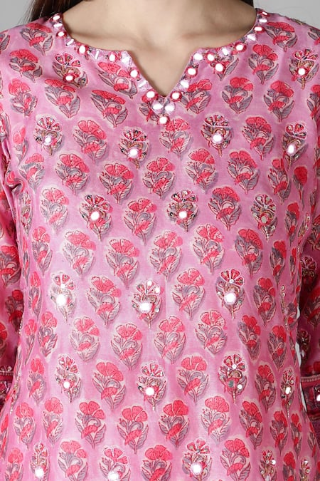 Sheeshakari Pink Silk Mirrors, Embroidery Split V-neck Kurta Pant Set at Aza Fashions Sheeshakari_Pink Silk Mirrors, Embroidery Split V-neck Kurta Pant Set _at_Aza_Fashions