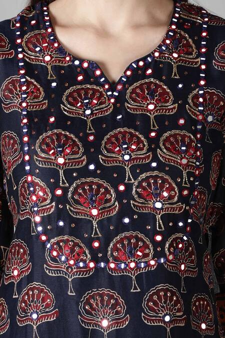 Sheeshakari_Blue Silk Embroidery, Beads, Mirrors Split V-neck And Resham Kurta Pant Set_at_Aza_Fashions