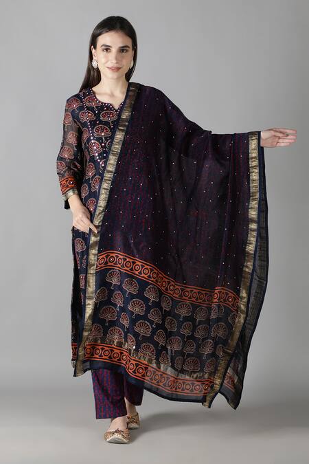 Buy_Sheeshakari_Blue Silk Embroidery, Beads, Mirrors Split V-neck And Resham Kurta Pant Set