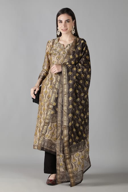 Sheeshakari Brown Silk Embroidered Mirror Notched And Zari Kurta Pant Set 