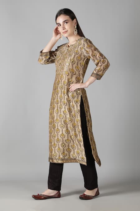Sheeshakari_Brown Silk Embroidery, Mirrors, Zari Collared And Kurta Pant Set _Online_at_Aza_Fashions