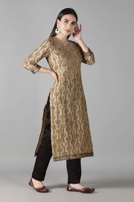 Buy_Sheeshakari_Brown Silk Embroidery, Mirrors, Zari Collared And Kurta Pant Set _Online_at_Aza_Fashions