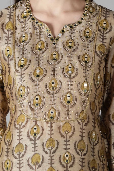 Shop_Sheeshakari_Brown Silk Embroidery, Mirrors, Zari Collared And Kurta Pant Set _Online_at_Aza_Fashions