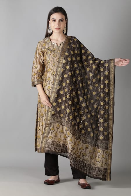 Sheeshakari_Brown Silk Embroidery, Mirrors, Zari Collared And Kurta Pant Set _at_Aza_Fashions