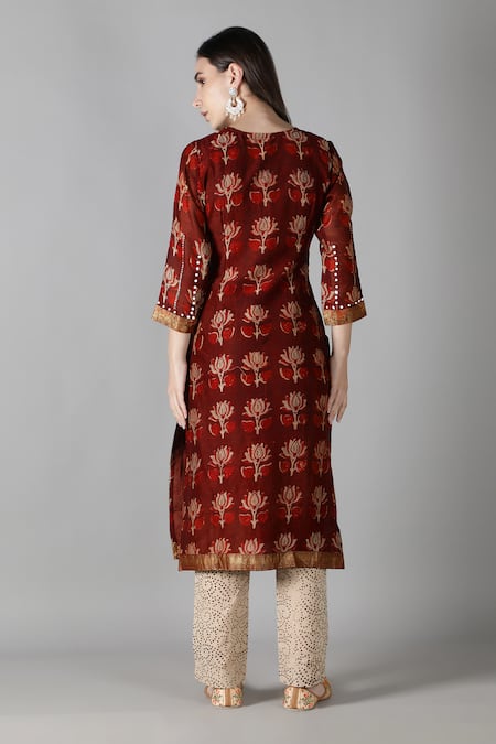 Shop Sheeshakari Brown Silk Mirrors Split V-neck And Tikki Work Kurta Pant Set at Aza Fashions Shop_Sheeshakari_Brown Silk Mirrors Split V-neck And Tikki Work Kurta Pant Set _at_Aza_Fashions