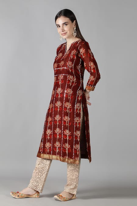 Buy Sheeshakari Brown Silk Mirrors Split V-neck And Tikki Work Kurta Pant Set Online at Aza Fashions Buy_Sheeshakari_Brown Silk Mirrors Split V-neck And Tikki Work Kurta Pant Set _Online_at_Aza_Fashions