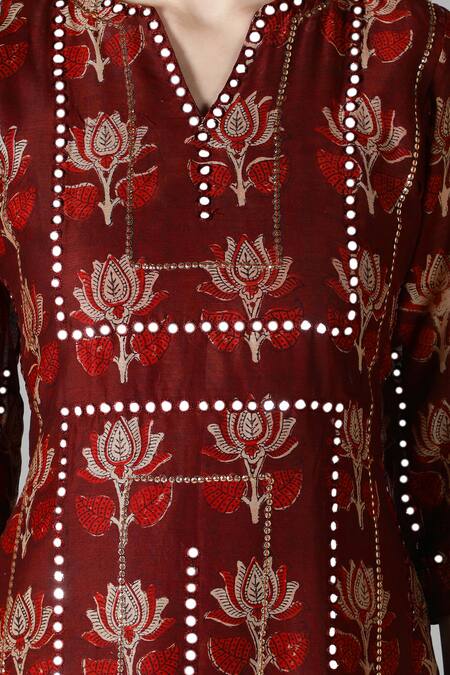 Shop Sheeshakari Brown Silk Mirrors Split V-neck And Tikki Work Kurta Pant Set Online at Aza Fashions Shop_Sheeshakari_Brown Silk Mirrors Split V-neck And Tikki Work Kurta Pant Set _Online_at_Aza_Fashions