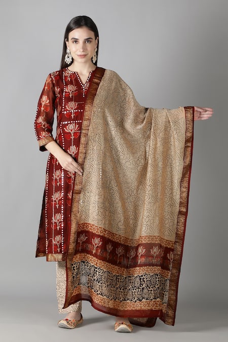 Sheeshakari Brown Silk Mirrors Split V-neck And Tikki Work Kurta Pant Set at Aza Fashions Sheeshakari_Brown Silk Mirrors Split V-neck And Tikki Work Kurta Pant Set _at_Aza_Fashions