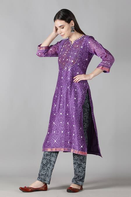 Buy_Sheeshakari_Purple Silk Mirrors, Beads Split V-neck And Embroidered Kurta Pant Set _Online_at_Aza_Fashions