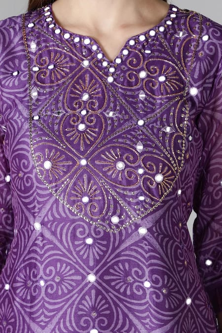 Shop_Sheeshakari_Purple Silk Mirrors, Beads Split V-neck And Embroidered Kurta Pant Set _Online_at_Aza_Fashions