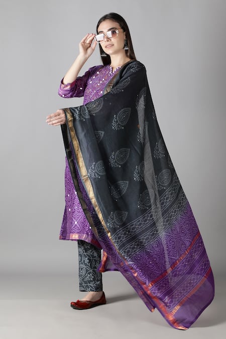 Sheeshakari_Purple Silk Mirrors, Beads Split V-neck And Embroidered Kurta Pant Set _at_Aza_Fashions