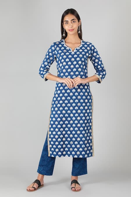 Sheeshakari Blue Silk Embroidered Mirror Notched Sequin Kurta 