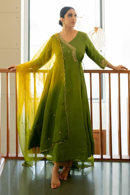 Sugandh Gupta Green Dupion Silk Embroidery Bullian Spring Meadow Angarkha Anarkali Set 