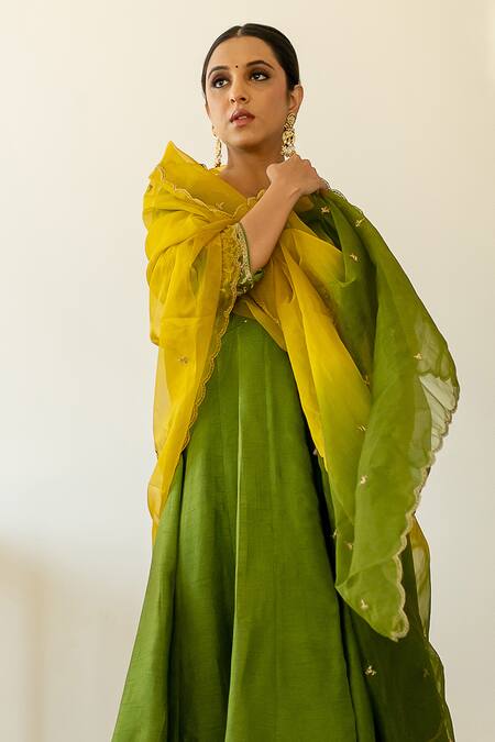 World of Sugandh_Green Silk, Chiffon Spring Meadow Bullian Bloom Angarkha Anarkali Set _Online_at_Aza_Fashions