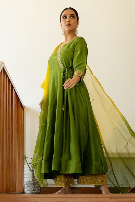 Buy_World of Sugandh_Green Silk, Chiffon Spring Meadow Bullian Bloom Angarkha Anarkali Set _Online_at_Aza_Fashions