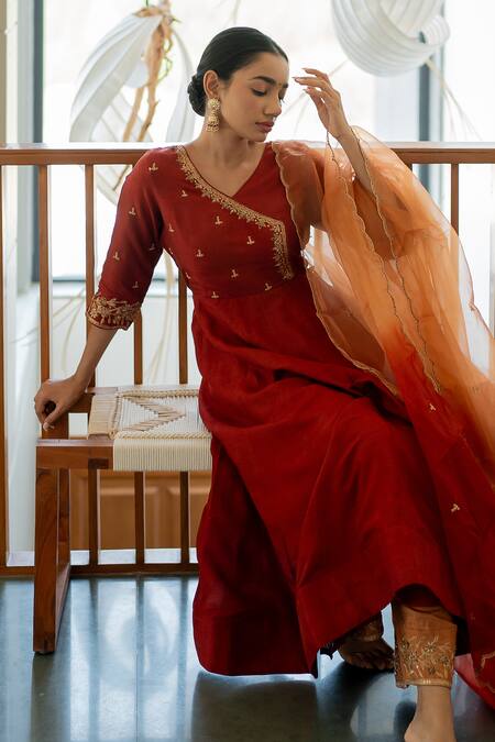 World of Sugandh_Maroon Silk Sequins, Embroidery Sunset Bullian Blossom Angarkha Anarkali Set _Online_at_Aza_Fashions
