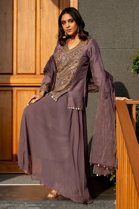 World of Sugandh_Purple Silk Embroidery, Zari V-neck Gul Kurti Sharara Set _Online_at_Aza_Fashions