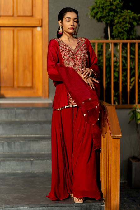 World of Sugandh Pink Silk Embroidery V-neck Radiance Gul Blossom Kurti Sharara Set Online at Aza Fashions World of Sugandh_Pink Silk Embroidery V-neck Radiance Gul Blossom Kurti Sharara Set _Online_at_Aza_Fashions