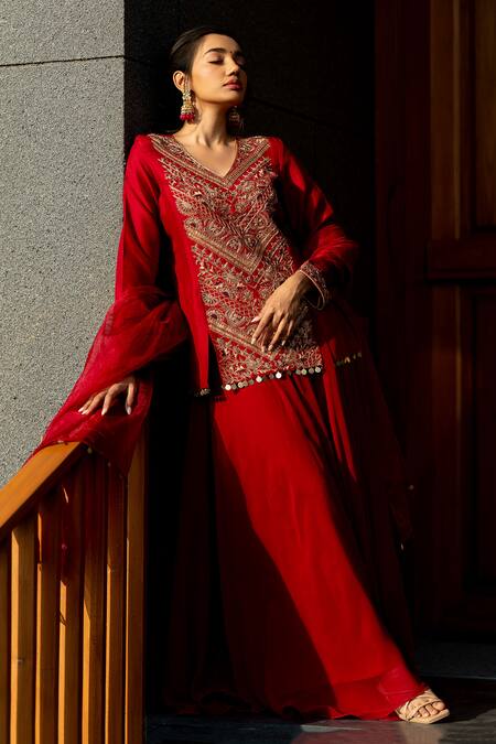 Shop World of Sugandh Pink Silk Embroidery V-neck Radiance Gul Blossom Kurti Sharara Set Online at Aza Fashions Shop_World of Sugandh_Pink Silk Embroidery V-neck Radiance Gul Blossom Kurti Sharara Set _Online_at_Aza_Fashions