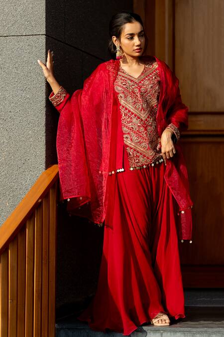 World of Sugandh Pink Silk Embroidery V-neck Radiance Gul Blossom Kurti Sharara Set at Aza Fashions World of Sugandh_Pink Silk Embroidery V-neck Radiance Gul Blossom Kurti Sharara Set _at_Aza_Fashions