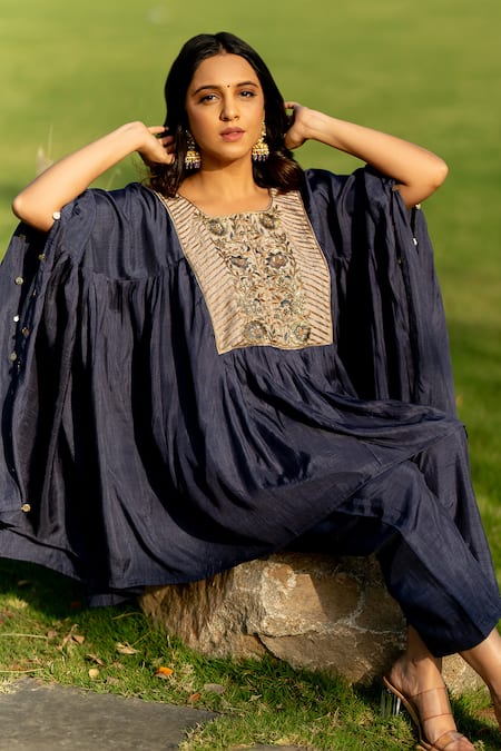 World of Sugandh_Blue Silk Embroidery Scoop Neck Boho Fiore Yoke Kaftan With Pant _Online_at_Aza_Fashions