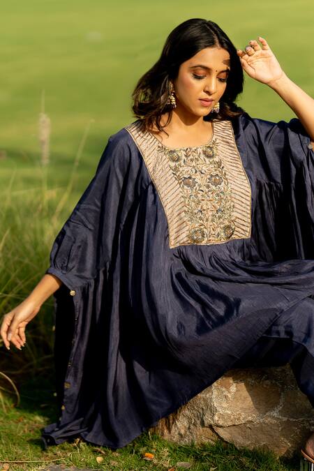 Buy_World of Sugandh_Blue Silk Embroidery Scoop Neck Boho Fiore Yoke Kaftan With Pant _Online_at_Aza_Fashions