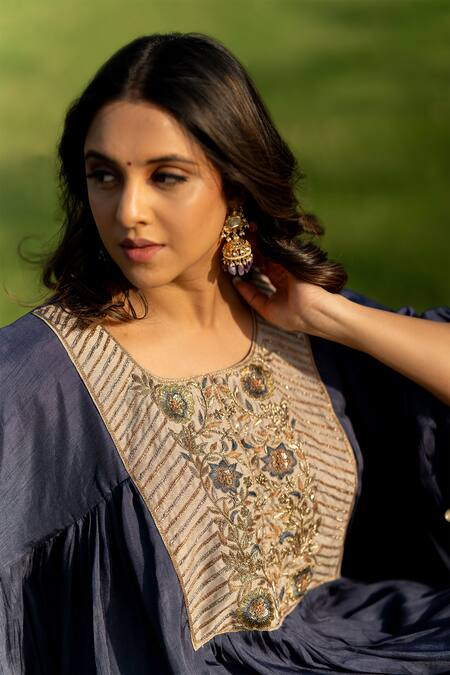 Shop_World of Sugandh_Blue Silk Embroidery Scoop Neck Boho Fiore Yoke Kaftan With Pant _Online_at_Aza_Fashions