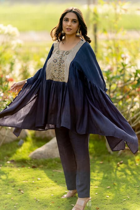 World of Sugandh_Blue Silk Embroidery Scoop Neck Boho Fiore Yoke Kaftan With Pant _at_Aza_Fashions