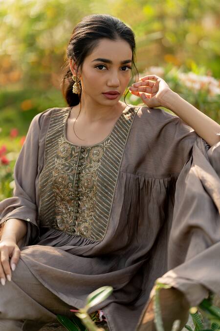 World of Sugandh_Brown Silk Embroidery Scoop Neck Boho Flora Yoke Kaftan With Pant _Online_at_Aza_Fashions