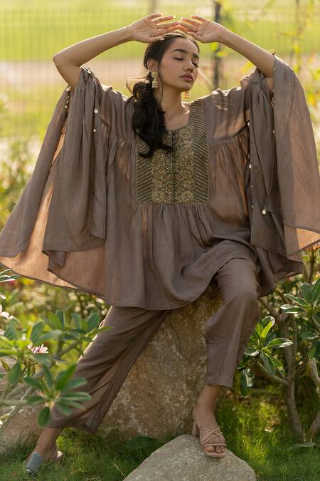 Buy_World of Sugandh_Brown Silk Embroidery Scoop Neck Boho Flora Yoke Kaftan With Pant _Online_at_Aza_Fashions
