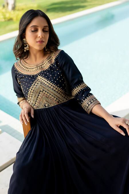 World of Sugandh_Blue Silk Embroidery Round Neck Cosmic Phool Mahal Gown _Online_at_Aza_Fashions