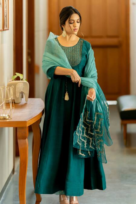 World of Sugandh Blue Silk Sequins, Embroidery Round Neck Bliss Bloom Jaal Yoke Anarkali Set Online at Aza Fashions World of Sugandh_Blue Silk Sequins, Embroidery Round Neck Bliss Bloom Jaal Yoke Anarkali Set_Online_at_Aza_Fashions