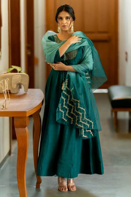 Buy World of Sugandh Blue Silk Sequins, Embroidery Round Neck Bliss Bloom Jaal Yoke Anarkali Set Online at Aza Fashions Buy_World of Sugandh_Blue Silk Sequins, Embroidery Round Neck Bliss Bloom Jaal Yoke Anarkali Set_Online_at_Aza_Fashions