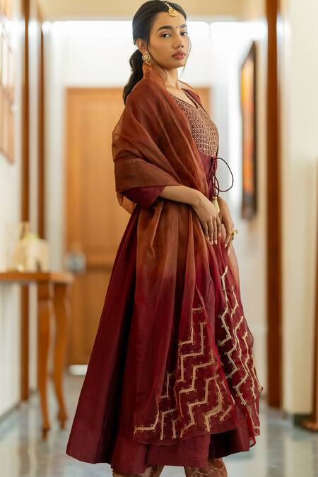 World of Sugandh_Wine Silk Sequins Round Neck Charm Blossom Jaal Yoke Embroidered Anarkali Set _Online_at_Aza_Fashions