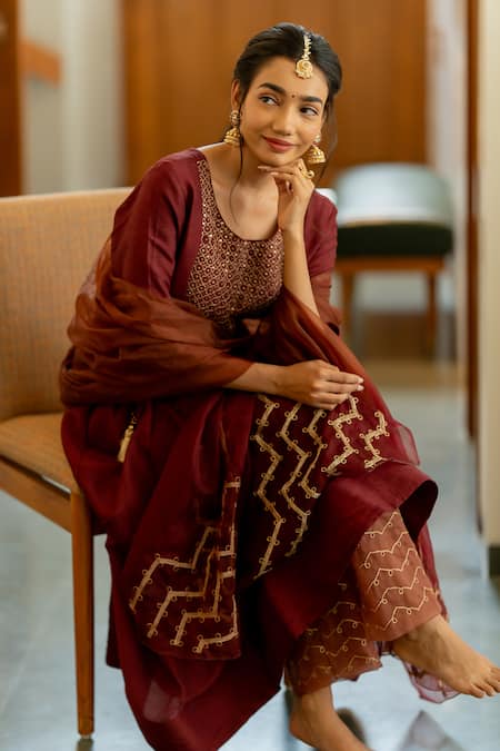 Shop_World of Sugandh_Wine Silk Sequins Round Neck Charm Blossom Jaal Yoke Embroidered Anarkali Set _Online_at_Aza_Fashions