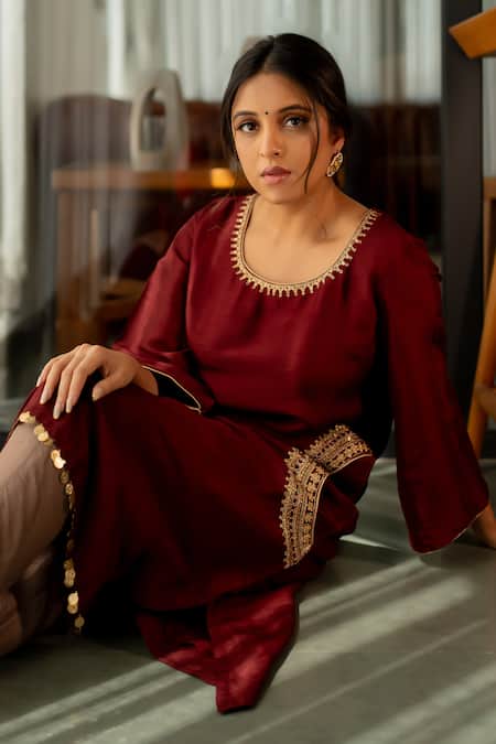 World of Sugandh_Wine Silk Embroidery Round Neck Serenity Chand Side Pocket Kurta With Trouser _Online_at_Aza_Fashions
