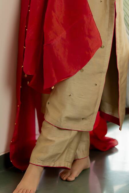 Buy_World of Sugandh_Beige Silk Sequins, Embroidery Collared Blossom Gullista Kurta Pant Set _Online_at_Aza_Fashions