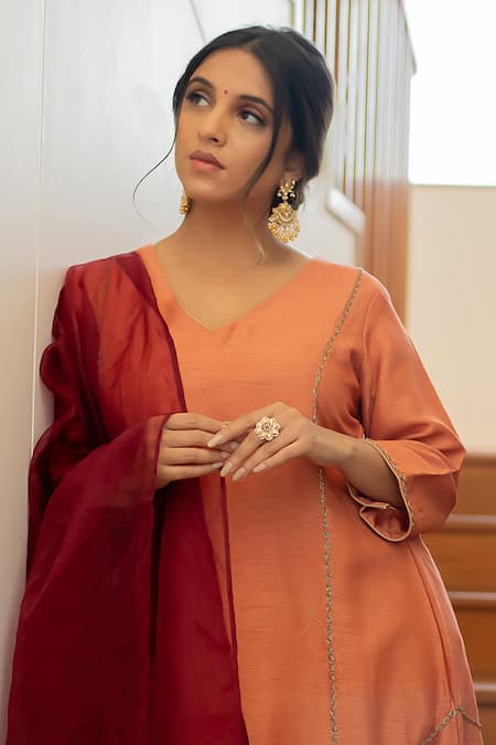 Buy World of Sugandh Peach Silk Embroidery, Sequins V-neck Dreamy Sharjah Kurta Pant Set Online at Aza Fashions Buy_World of Sugandh_Peach Silk Embroidery, Sequins V-neck Dreamy Sharjah Kurta Pant Set _Online_at_Aza_Fashions