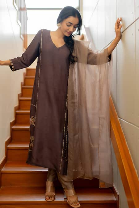 Shop_World of Sugandh_Brown Silk Diamonds, Embroidery V-neck Sharjah Kurta Pant Set_at_Aza_Fashions
