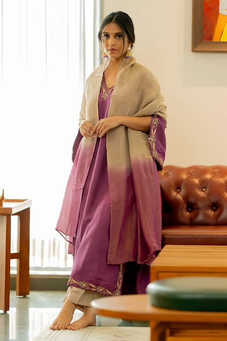 Sugandh Gupta Purple Dupion Silk Embroidery Flora Vine V Neck Kurta Pant Set 