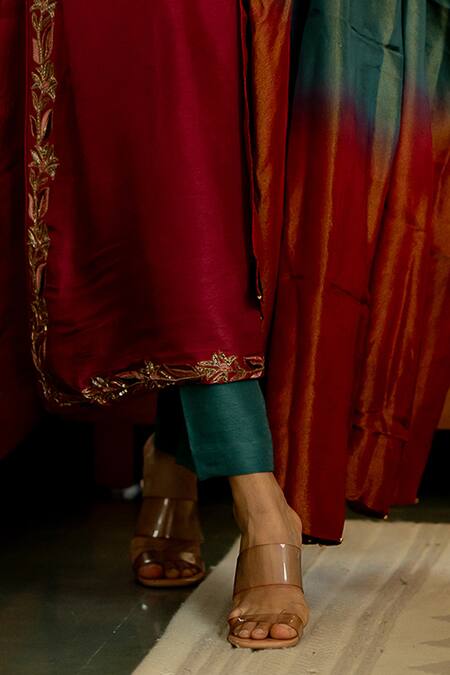 Shop_World of Sugandh_Pink Silk Embroidery V-neck Bloom Vine Kurta Pant Set _Online_at_Aza_Fashions