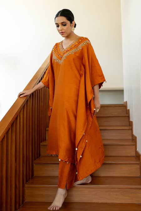 World of Sugandh Apricot Aura Gulshan Embroidered Kaftan With Pant 