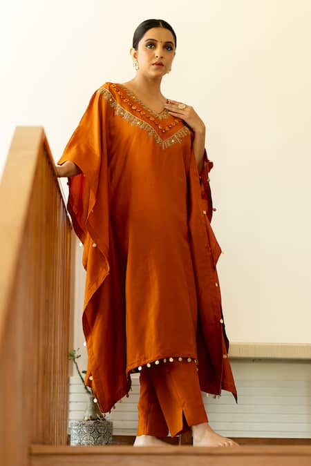World of Sugandh_Orange Silk V-neck Apricot Aura Gulshan Embroidered Kaftan With Pant _Online_at_Aza_Fashions