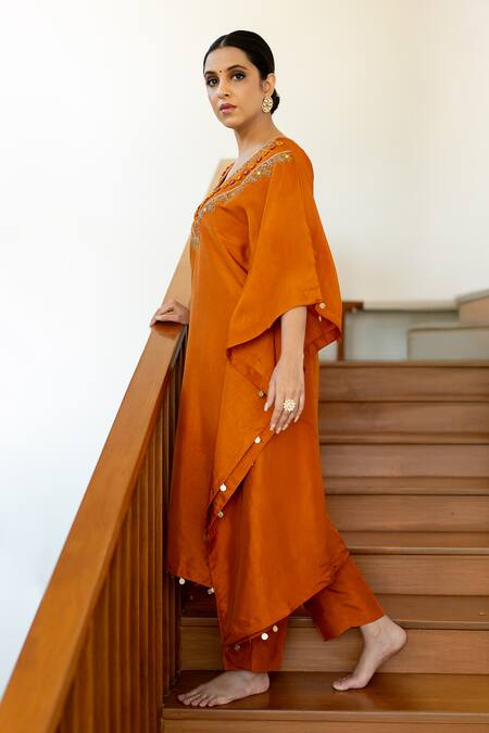 Buy_World of Sugandh_Orange Silk V-neck Apricot Aura Gulshan Embroidered Kaftan With Pant _Online_at_Aza_Fashions