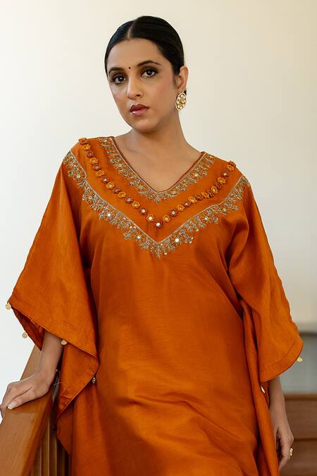 Shop_World of Sugandh_Orange Silk V-neck Apricot Aura Gulshan Embroidered Kaftan With Pant _Online_at_Aza_Fashions