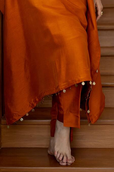 World of Sugandh_Orange Silk V-neck Apricot Aura Gulshan Embroidered Kaftan With Pant _at_Aza_Fashions